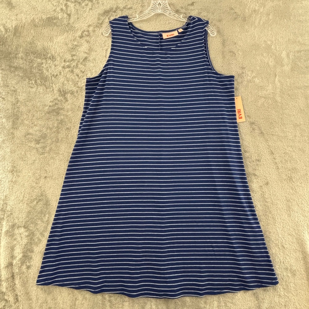 EVRI Tank Swing Dress Womens 1X Blue White Strip Sleeveless Stretch Jersey Knit